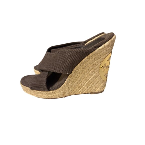 Tory Burch 6 Brown Canvas Cross Strap Espadrille Wedge Sandals Made In Brazil - Picture 1 of 8